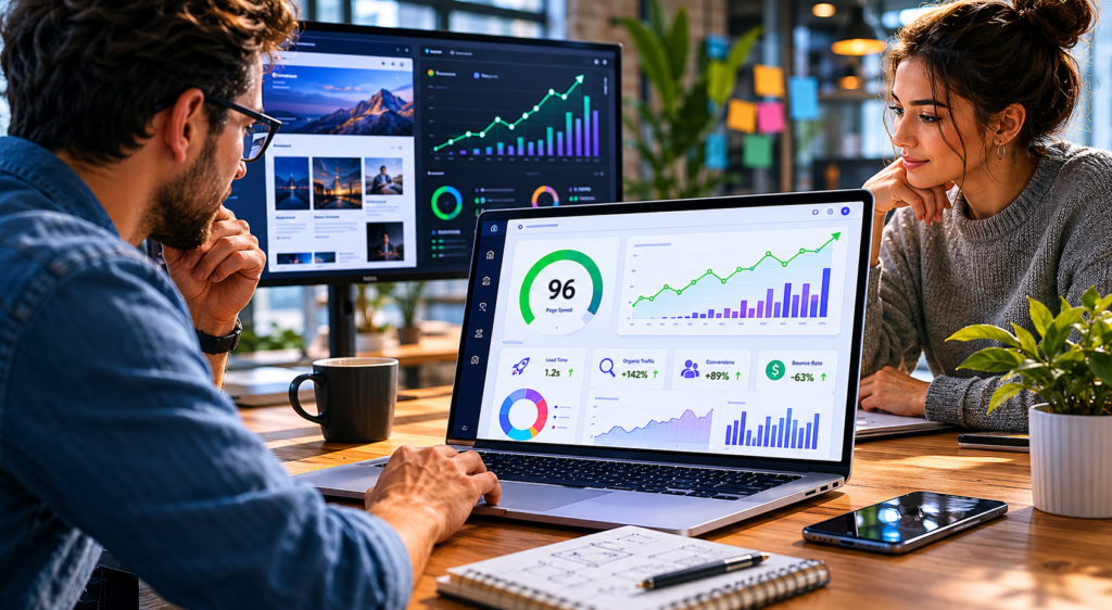 Team reviewing website speed, SEO analytics, and conversion performance in a modern office.