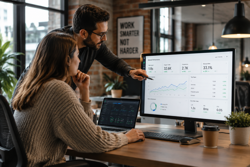 AEO vs SEO analytics dashboard review in a modern digital marketing office.