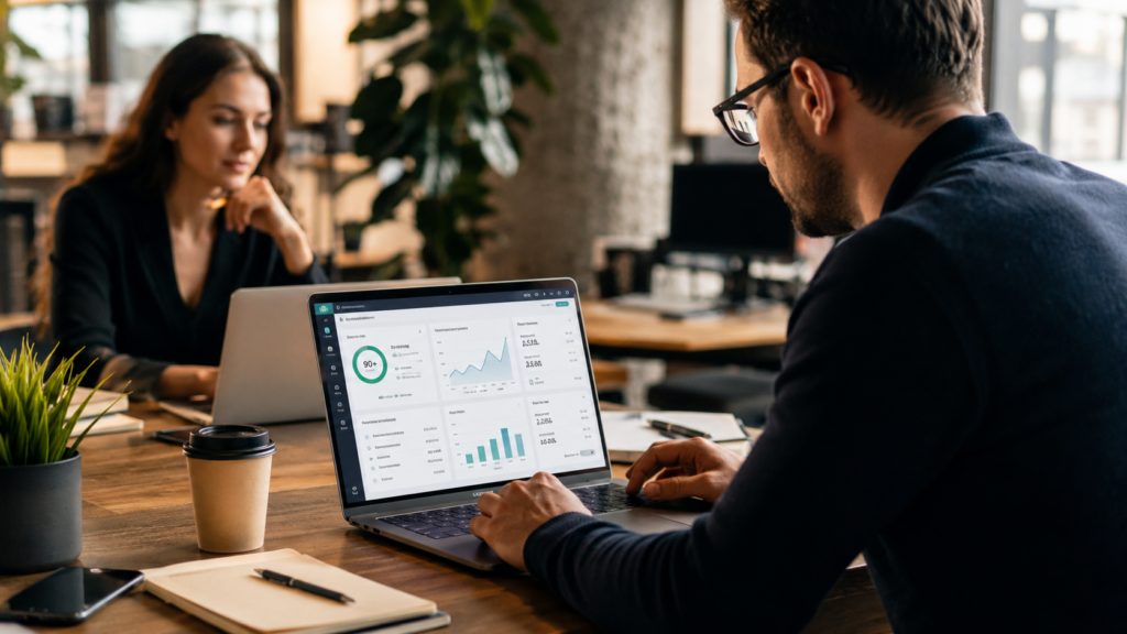 Web development and marketing team reviewing website analytics, SEO performance, page speed metrics, and conversion data on a laptop in a modern startup office, representing AI website builders vs custom web development for business growth in 2026.