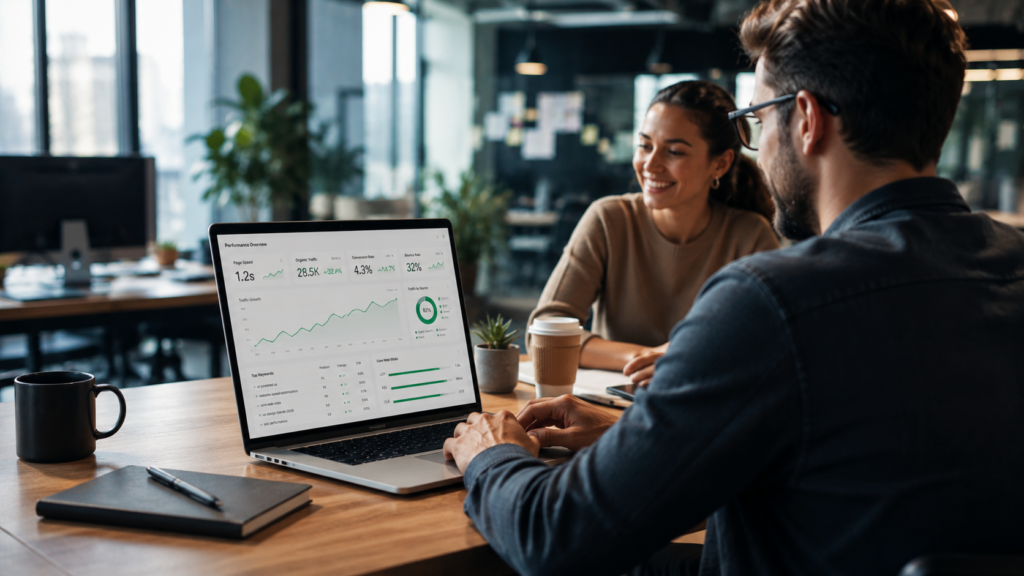 AI-powered UX team analyzing website performance, SEO metrics, and user experience data in a modern office workspace